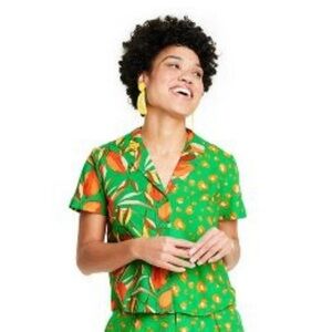 Tabitha Brown Shirt Green Orange Leopard Print Linen Size Small